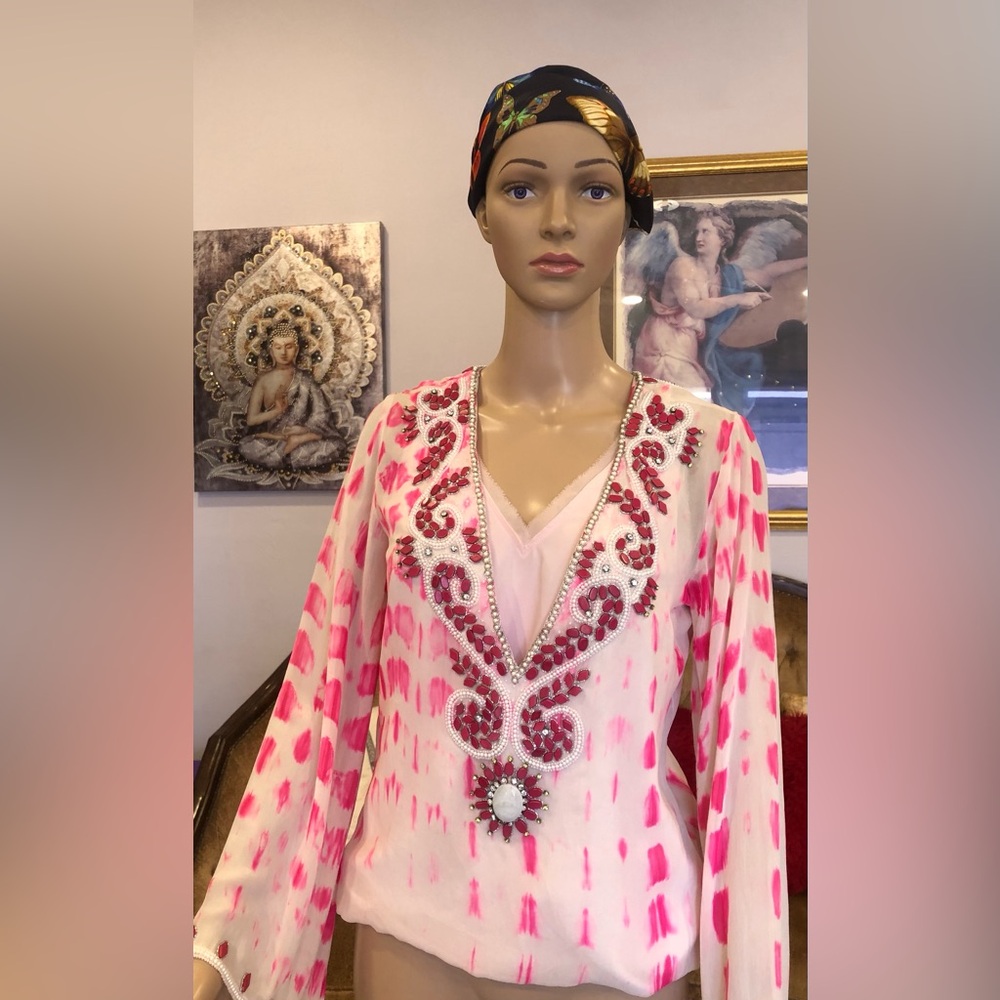 TAJ by Sabrina Crippa Pink and Blue Embellished beaded  silk boho blouse S